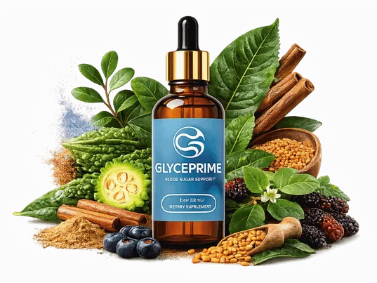 GlycePrime blood sugar support supplement bottle with its botanical ingredients