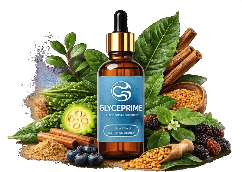 GlycePrime blood sugar support dropper bottle surrounded by bitter melon, cinnamon, fenugreek, blueberries and green leaves